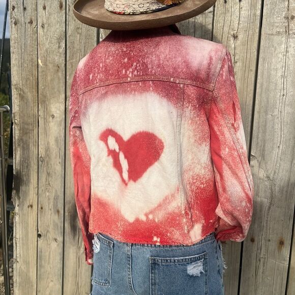 🤠REFASHIONED DYED CROPPED DISTRESSED RED JEAN JACKET SIZE SM - Picture 6 of 8